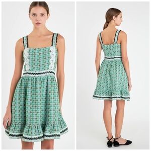 🔹️ English Factory🔹️ Boucle Square Neck Mini Mint Dress With Ric Rac Trim 💚